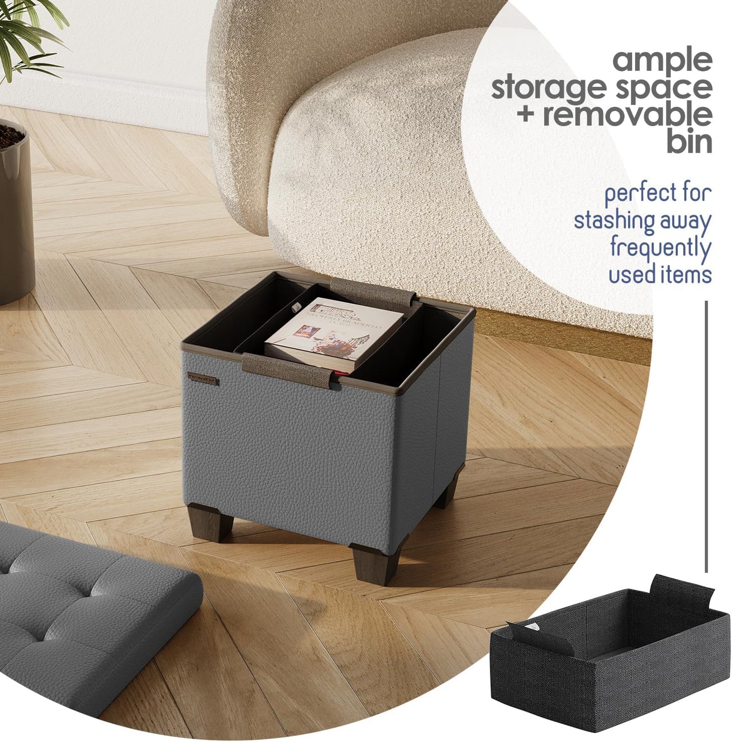 STORAGEBUD Storage Ottoman Cube with Small Bin, 16-in Square Ottoman with Storage for Living Room and Bedroom, Small Ottomans Foot Rest, Faux Leather Foot Stools Ottomans Max 330lbs, Grey