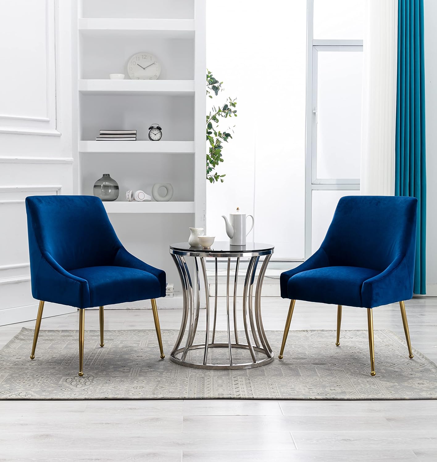 Velvet Dining Chairs Set of 2, Furniture Collection Modern Contemporary Upholstered with Polished Gold Metal Legs(Blue)