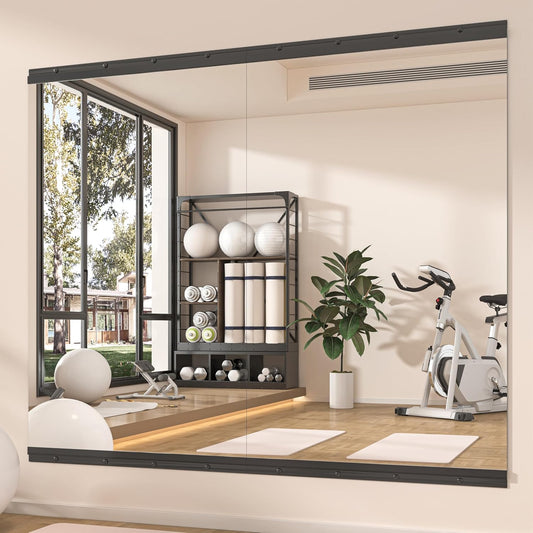 Hasipu 2 Pcs 48''x30'' Home Gym Mirror Large Full Length Wall Mounted Full Body Mirror for Yoga Dance Fitness Exercise Studio Bedroom Garage, Frameless Tempered Glass Workout Mirrors Black Rectangular