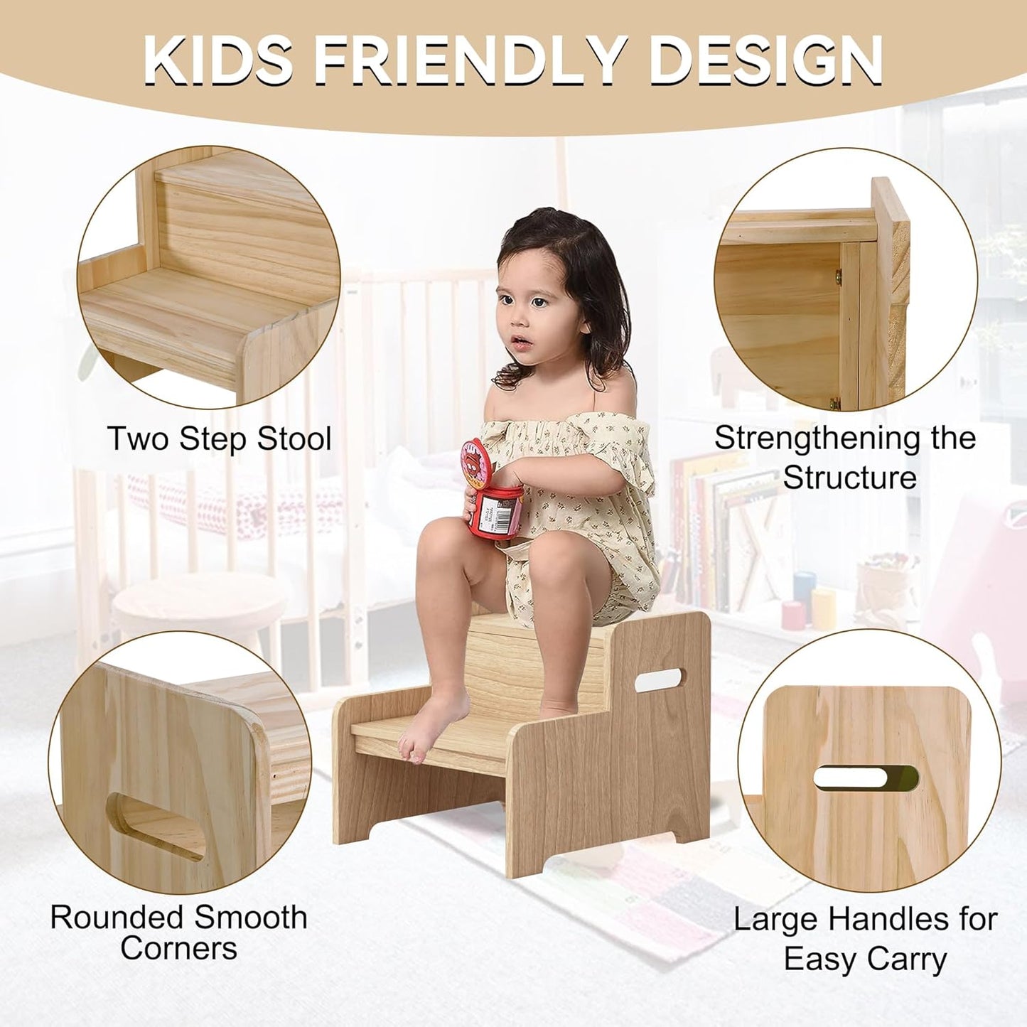 Wood Step Stools for Kids, Child Two Step Stool of DIY Shape, Toddler Step Stools Potty Training Stool, Easy to Move Safety for Kitchen, Bathroom, Bedroom, Toilet