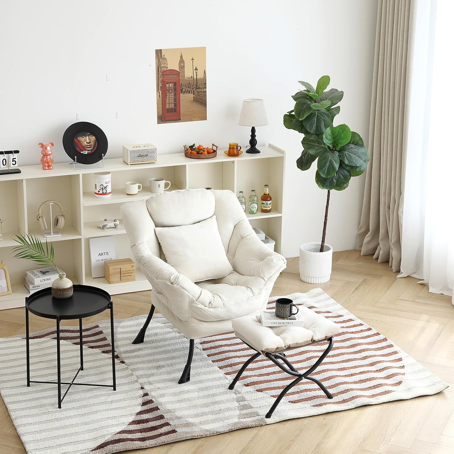 Lazy Chair with Ottoman, Comfy Reading Lounge Chair with Footstool & Throw Pillow Modern with Armrests & Side Pocket for Living Room, Bedroom, Dorm Room, Velvet Beige