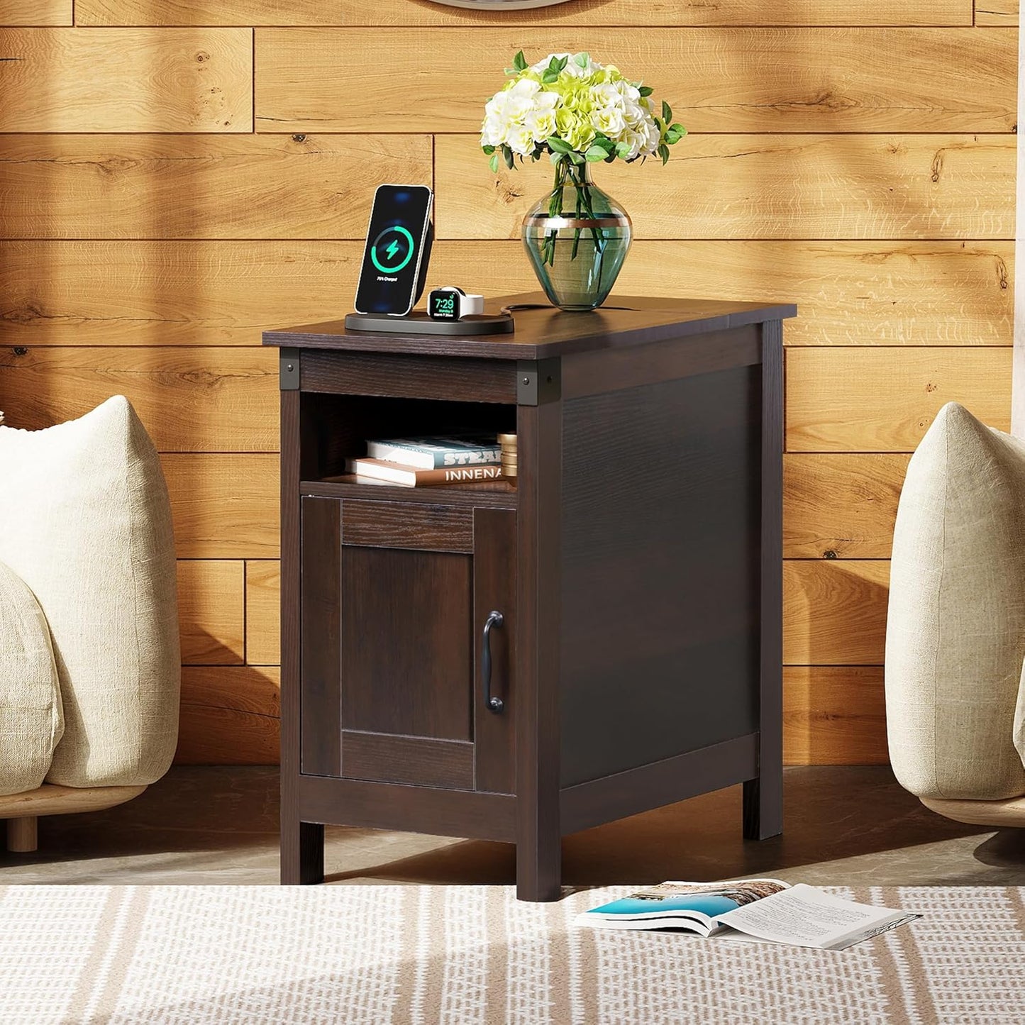 WLIVE End Table with Charging Station, Narrow Side Table for Living Room, Farmhouse Night Stand with Storage, Small Wooden Cabinet with USB Ports and Outlets for Living Room and Bedroom, Espresso