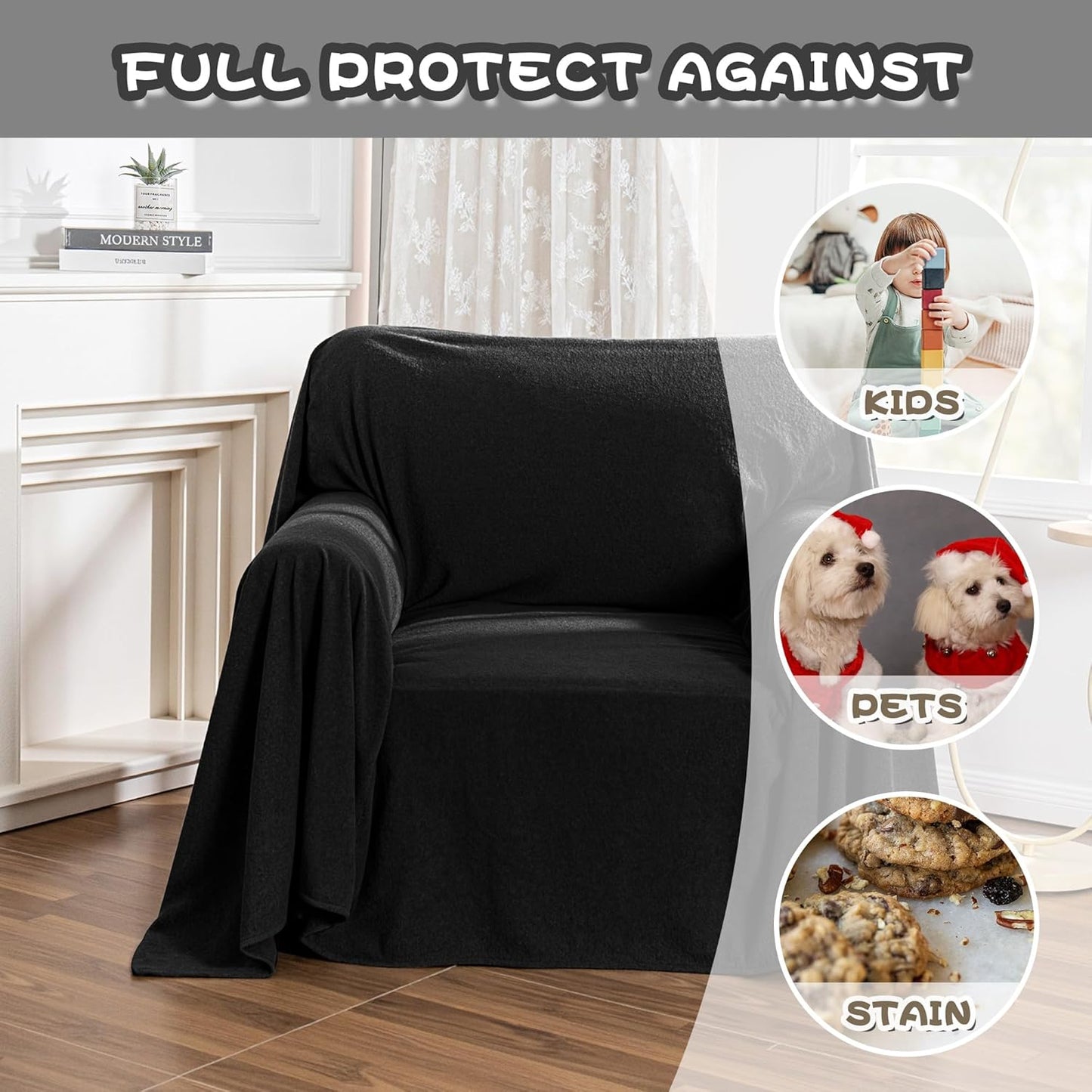 MYSKY HOME Black Couch Covers for Reclining Couch, Non-Slip Sectional Sofa Cover for Dog, Couch Covers for Sofa, Pet Couch Protector, Chair Covers Sofa Slipcovers Washable Furniture Covers, 71"x 91"