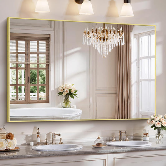 YIROMAN Bathroom Mirror 60"x40", Large Brushed Gold Bathroom Mirror for Over Sink with Aluminum Frame, Rectangular Vanity Mirror with Right Angle, Wall Mirror Hangs Horizontal or Vertical