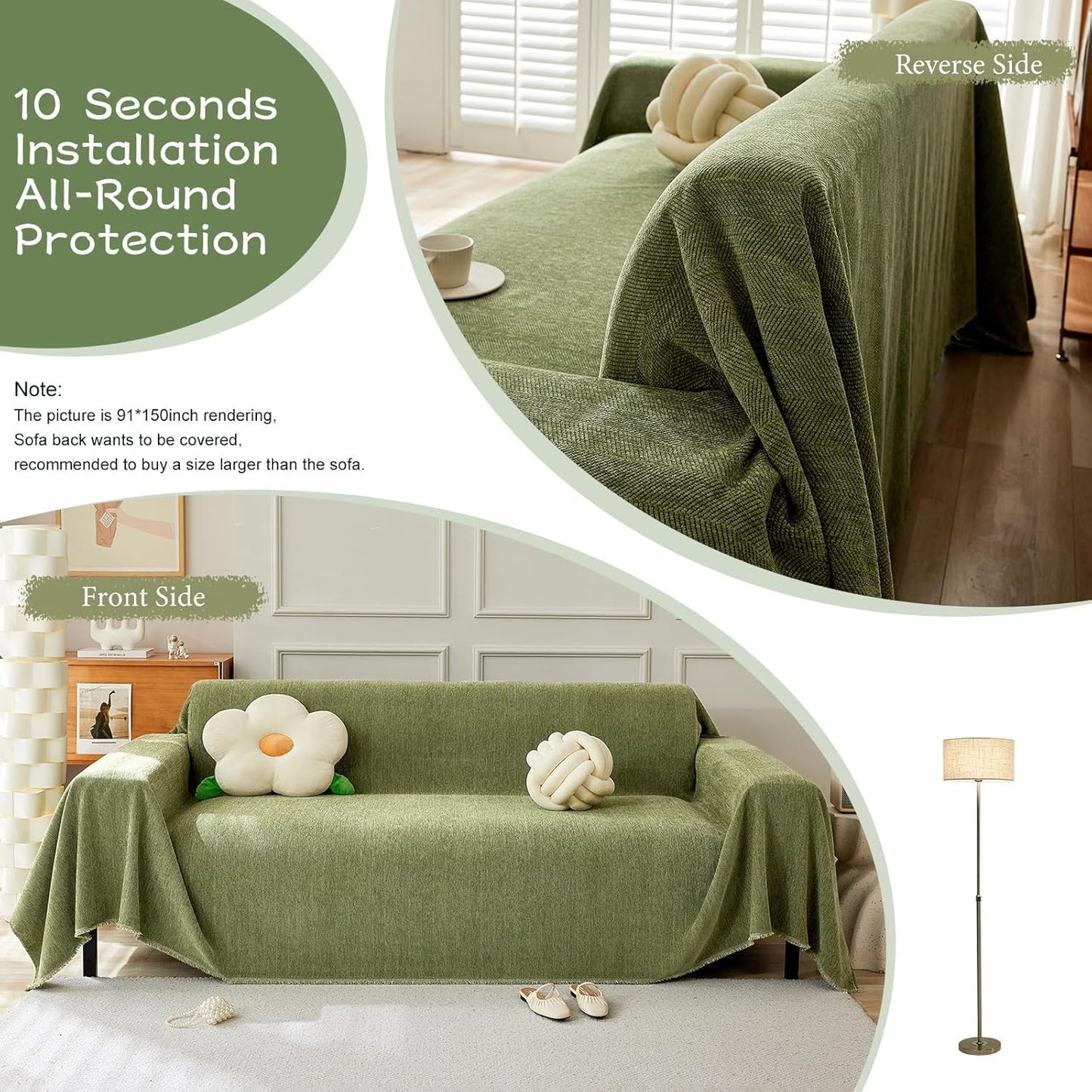 STACYPIK Soft Matcha Green Sectional Couch Covers Minimalist Sofa Throw Cover Herringbone Couch Protector for 2 Cushion Couch L Shape Sofa Cover Futon Cover Decorative for Couch-71X118IN