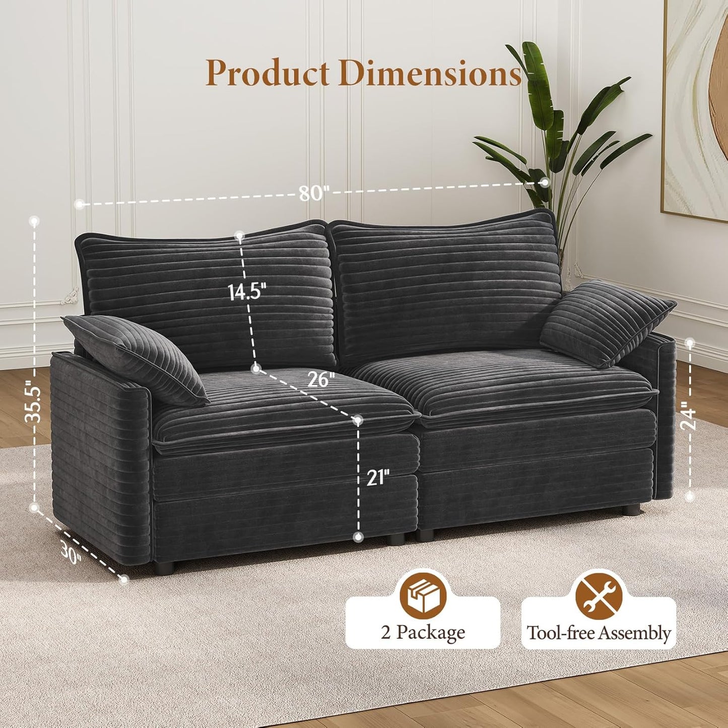 Vesgantti 74" Loveseat Sofa for Living Room, Comfy Cloud Couch Deep Seat Corduroy Modern 2 Seater Small Sofa with Armrest Pillow, Easy Assembly for Small Spaces, Gray