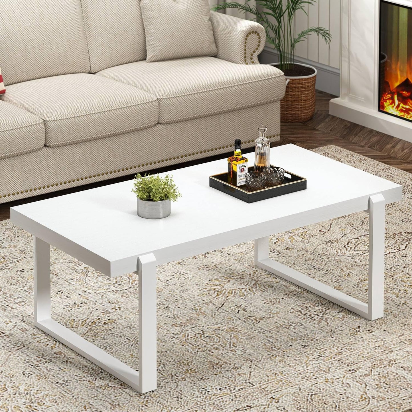 FOLUBAN White Coffee Table, Modern Rustic Wood and Metal Center Table, Rectangle Cocktail Tea Table for Living Room, 47 Inch