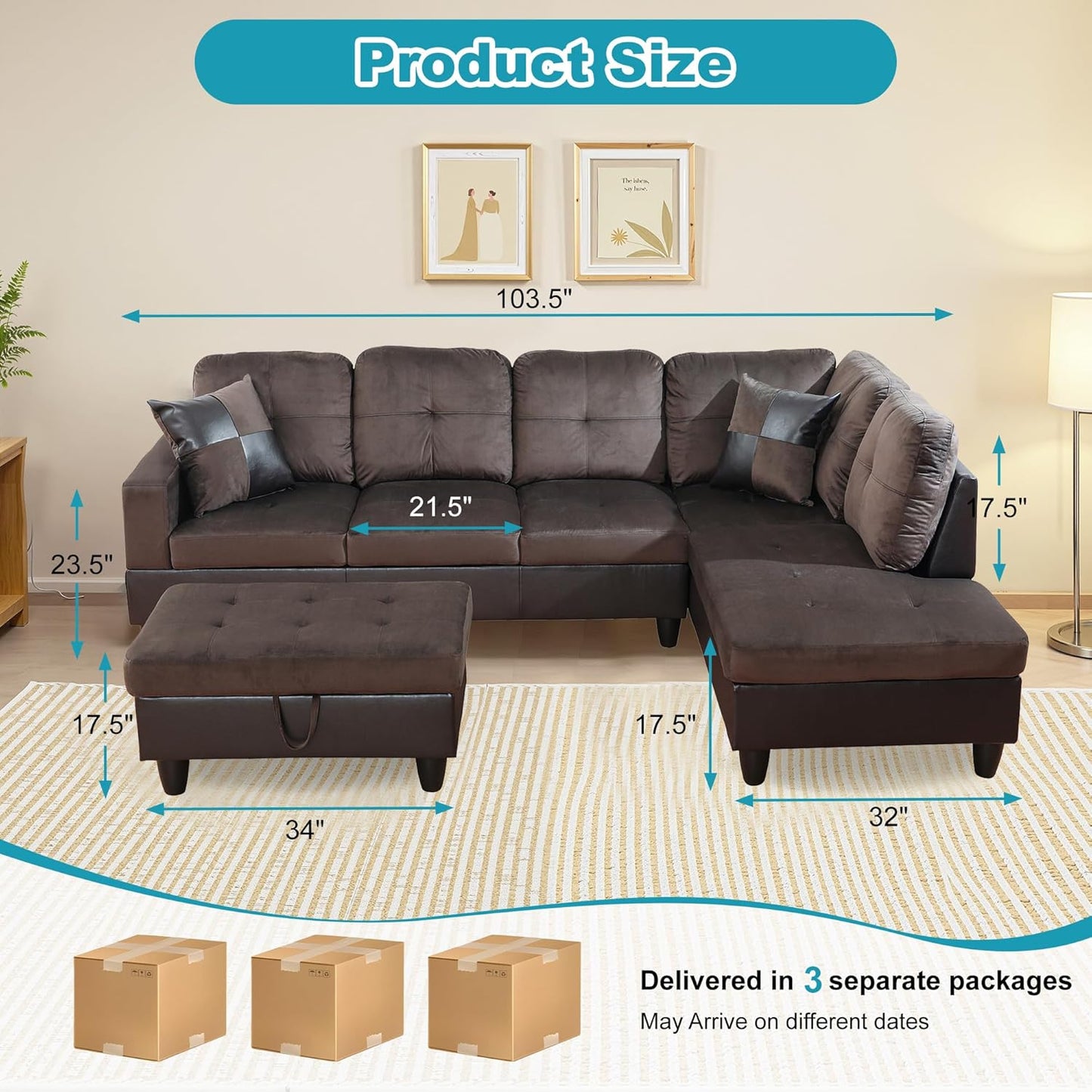 Couches for Living Room Comfy Flannel Fabric 3 Pieces Sectional Sofa with Chaise, Ottoman with Storage for Office and Small Apartment, Dark Brown