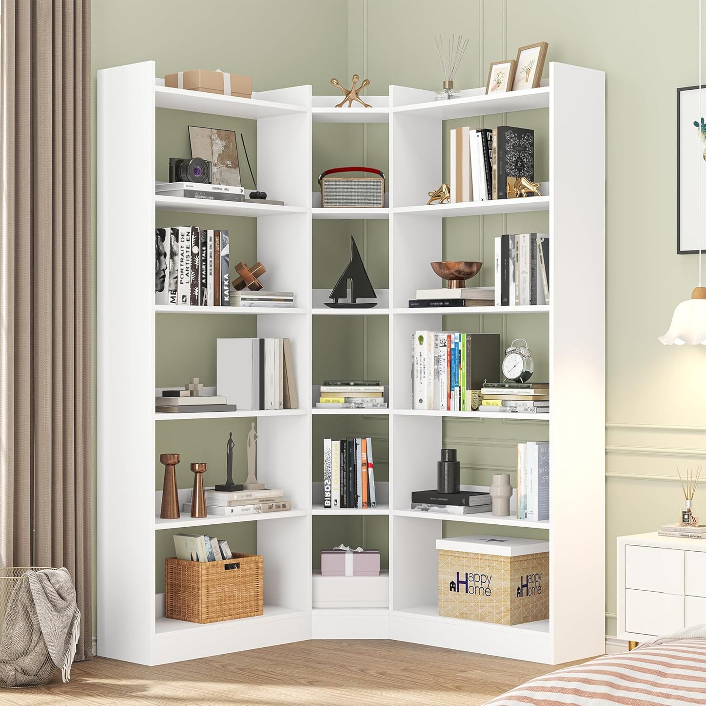 6 Tiers Corner Bookshelf, 63.1" Tall Modern Corner Etagere Bookcase Storage Display Rack Book Shelf with Baffle, Industrial L Shaped Bookshelves for Bedroom, Home Office, Living Room, White