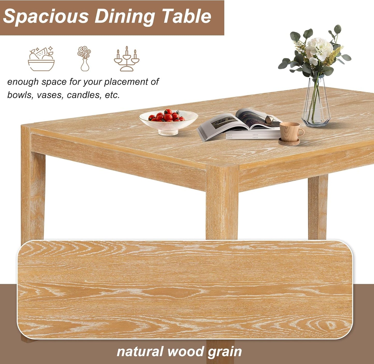 Merax 7 Pieces Retro Dining Set for 6, Rectangular Wood Dining Table with 6 Upholstered Chairs for Kitchen, Living Room, Natural