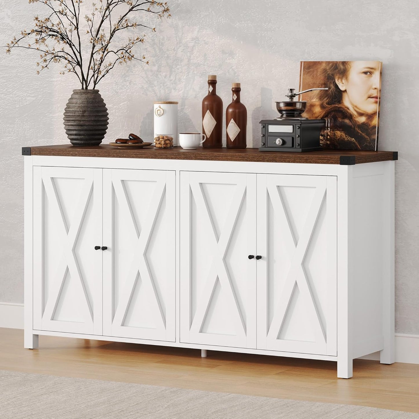DWVO 55'' Sideboard Buffet Cabinet with Storage, Farmhouse Kitchen Storage Cabinet with 4 Doors, Coffee Bar Cabinets with Adjustable Shelves for Kitchen, Living Room, White&Brown