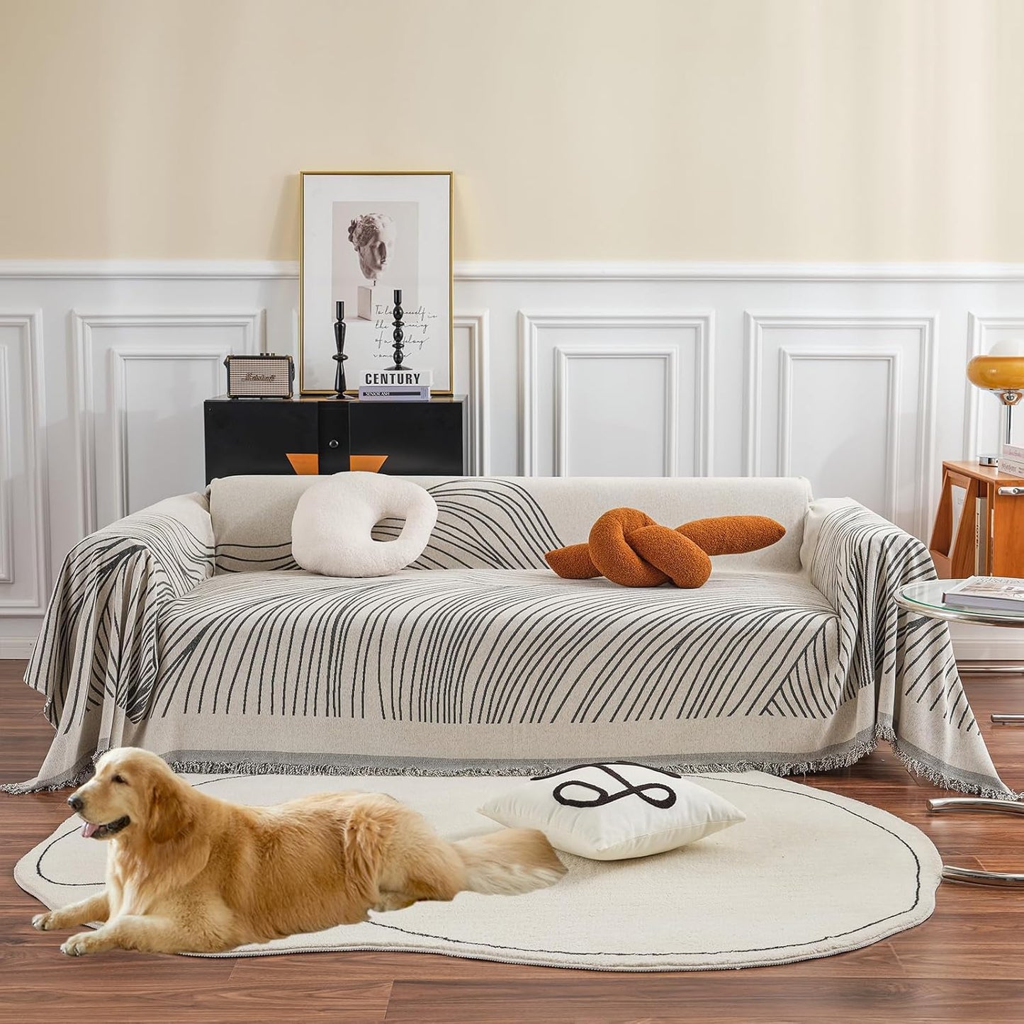 STACYPIK Stylish Striped Sofa Cover for Dogs,Non Slip Couch Protector for 3 Cushion Sofa, Pet-Friendly Couch Covers for Loveseat, Washable Boho Jacquard Couch Cover Blanket for Living Room-71X134IN