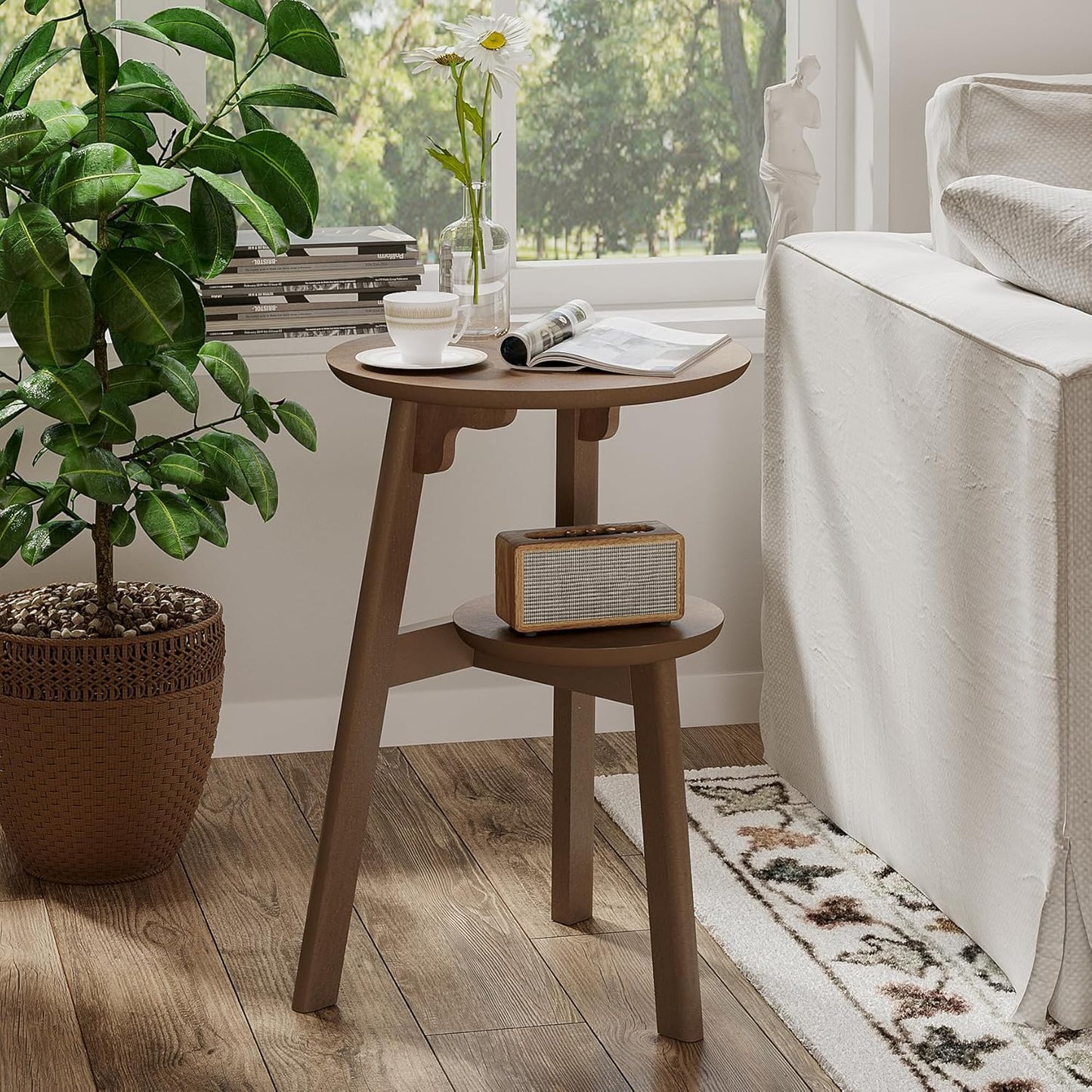 ChooChoo Round End Table for Small Spaces, Narrow Side Table, Accent Table Night Stand with 2 Tier Shelf for Bedroom and Living Room, Walnut