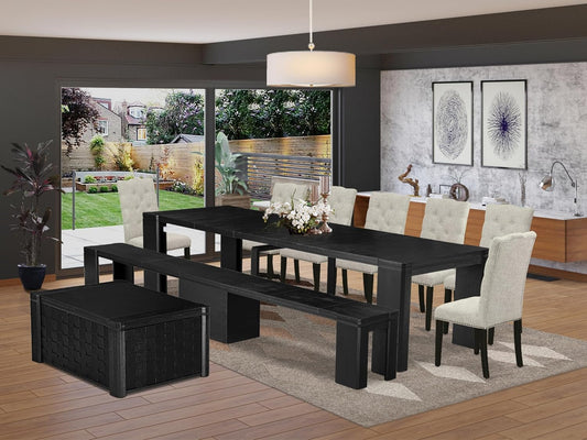 X07EL-BC6-35 - 10-Pc Kitchen Table Set a Rectangular Dining Table with a coffee Table wooden Bench & 7 Doeskin Linen Fabric Dining Chair, 39x120 Inch, Wire Brushed Black