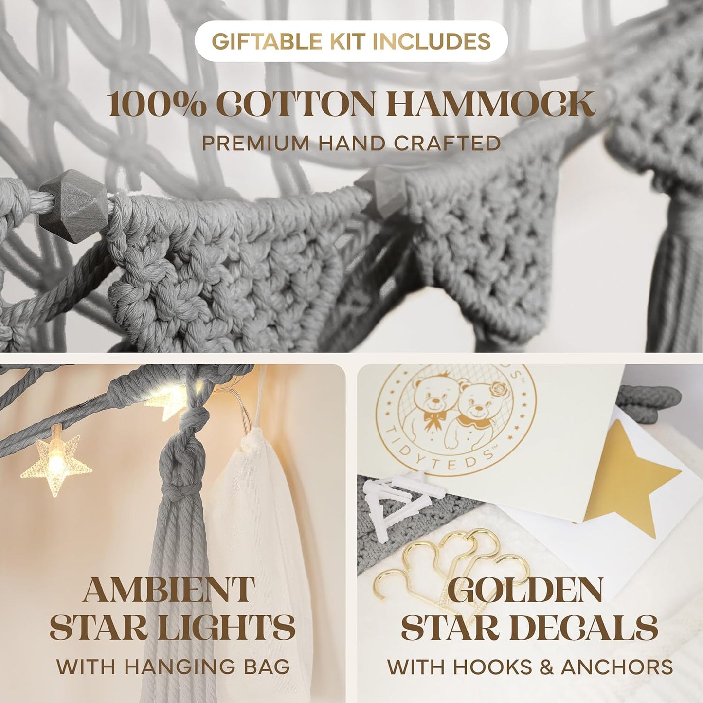 Macrame DreamLights Boho Stuffed Animal Storage Net or hammock Extra Large for Small or large Plushies. Plush Gray Toy Storage Holder