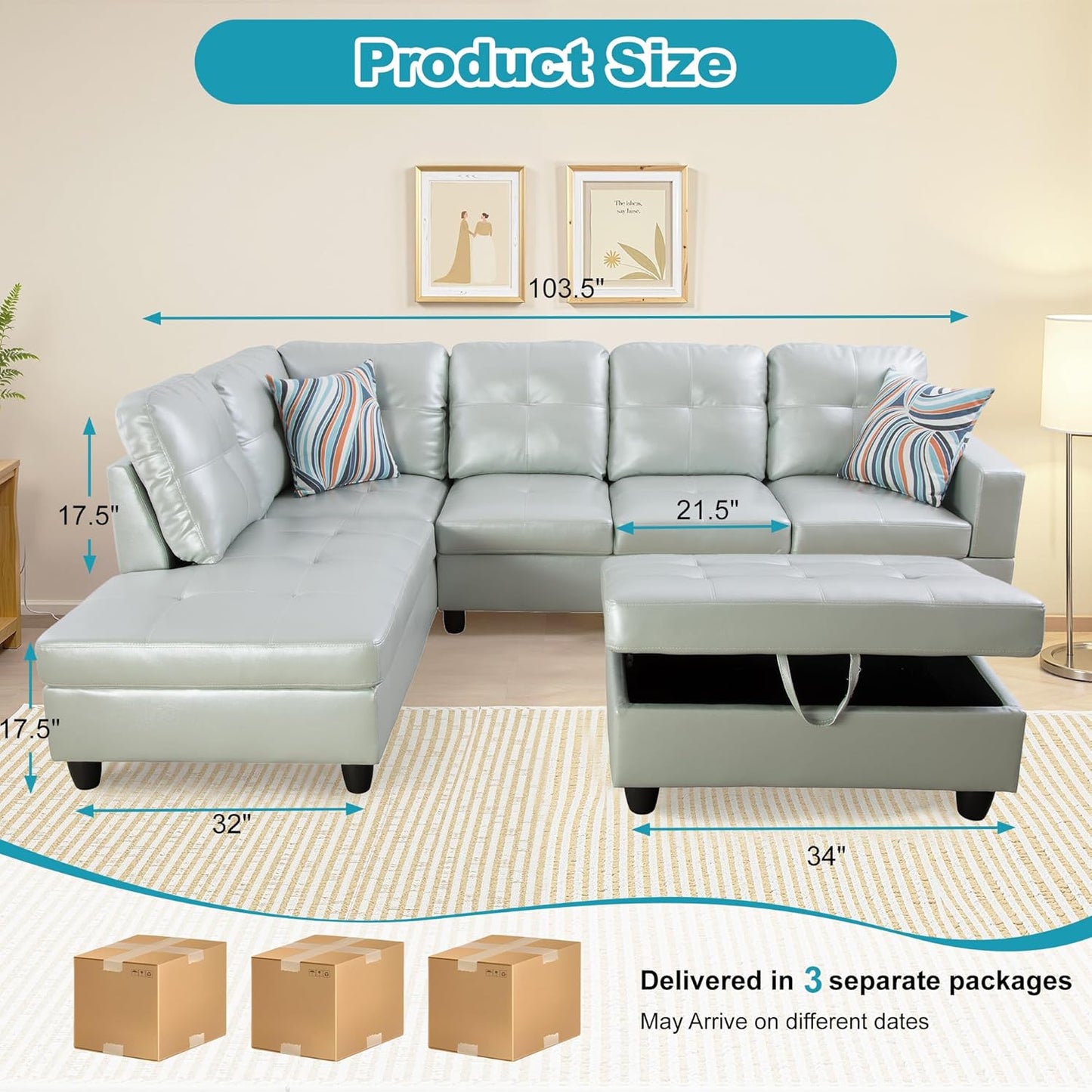 L Shaped Couch PU Leather Sectional Couch Upholstered 3 Pieces Sofas for Living Room with Chaise, Storage Ottoman for Office and Small Apartment, Silver Green