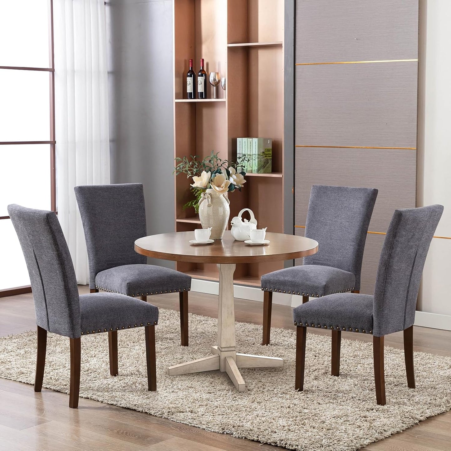 COLAMY Upholstered Parsons Dining Chairs Set of 2, Fabric Dining Room Kitchen Side Chair with Nailhead Trim and Wood Legs - Dark Grey