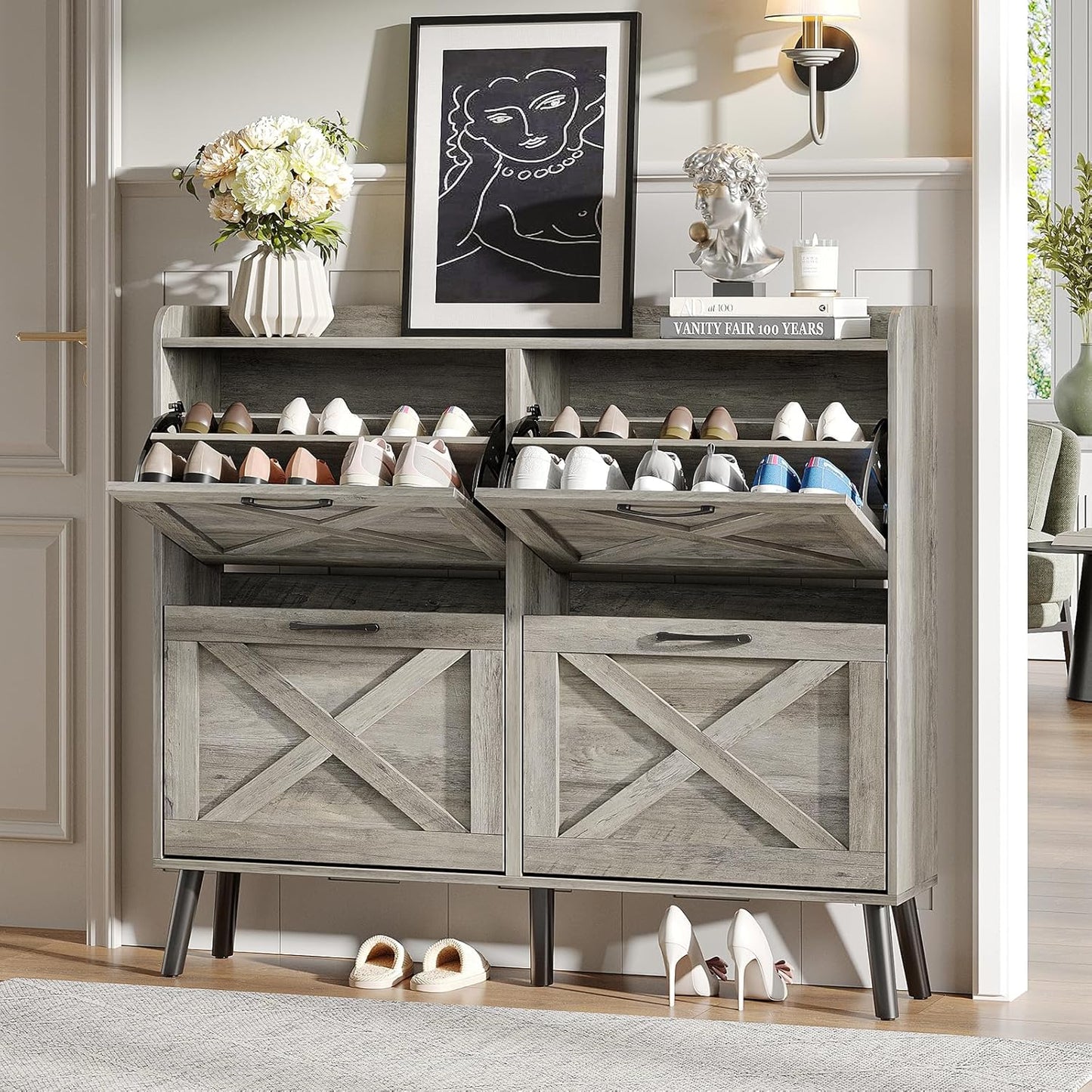 Maupvit Large Shoe Storage Cabinet with 4 Flip Drawers, Narrow Shoe Cabinet for Entryway with Wooden Legs, Freestanding Hidden Shoe Rack Organizer ＆ Metal Hinges, Washed Gray