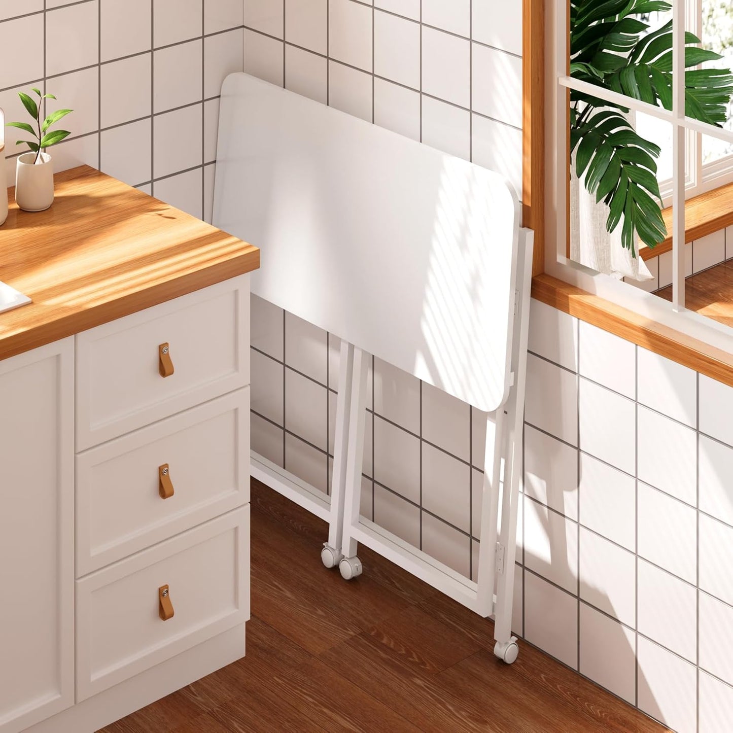 4NM 27.5" Mobile Small Rolling Computer Desk, Folding Laptop Cart Table with Wheels, Portable Office Desk for Small Space Couch Bed - All White