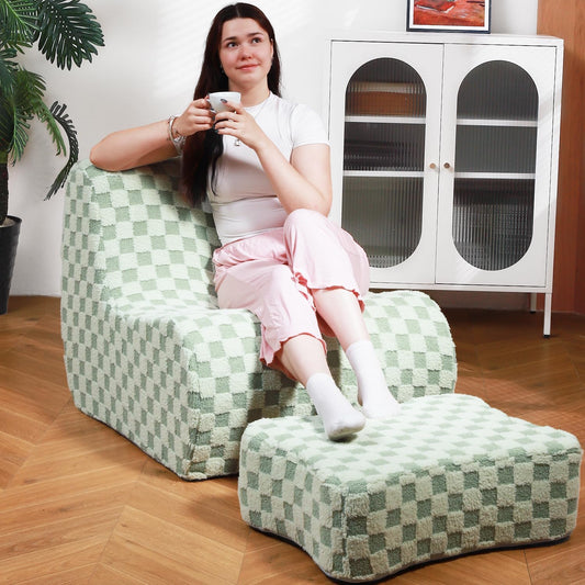 Giant Bean Bag Chair for Adults with Ottoman, Teddy Fabric Beanbag Chair with Memory Foam Filled,Plush Lazy Floor Sofa with Footstool Couch for Living Room,Bedroom,Dorm, Apartment, Green