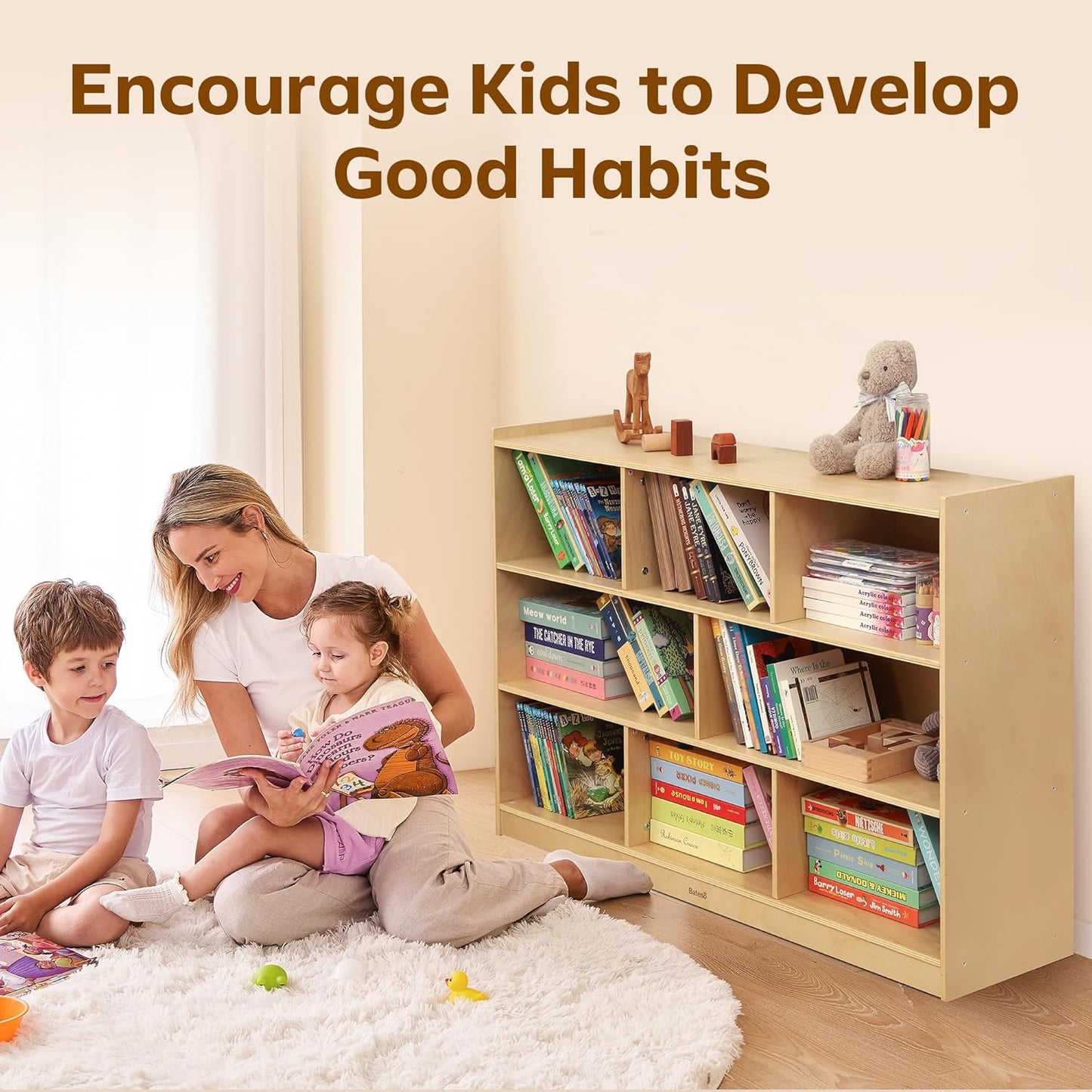 Toy Storage Organizer for Kids Room, Wooden Kids Bookshelf for Classroom, Cube Storage Organizer for Playroom, 8-Section Montessori Bookshelf & Toy Shelf for Nursery