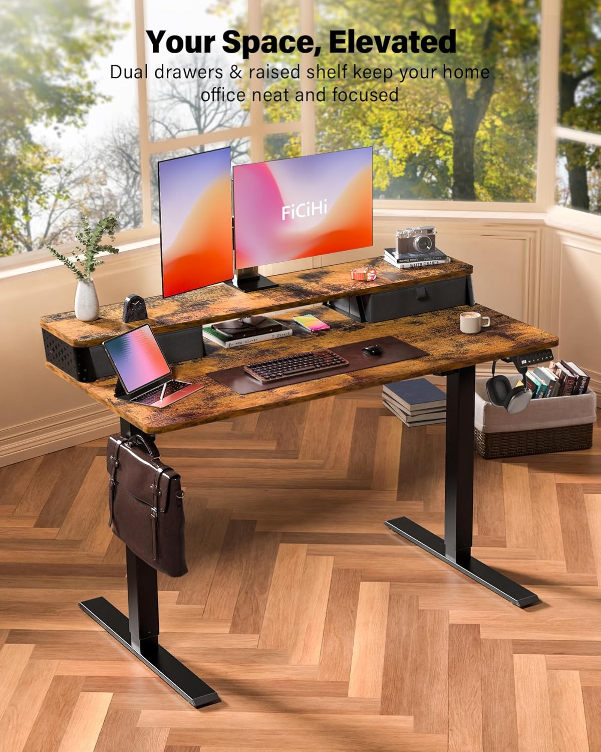 55x24 Inch Standing Desk with Double Drawers,C-Clamp Mount Compatible,Electric Adjustable Height Computer Stand Up Desks, Home Office Sit Stand Table with 3 Preset Heights & Hooks, Rustic Brown