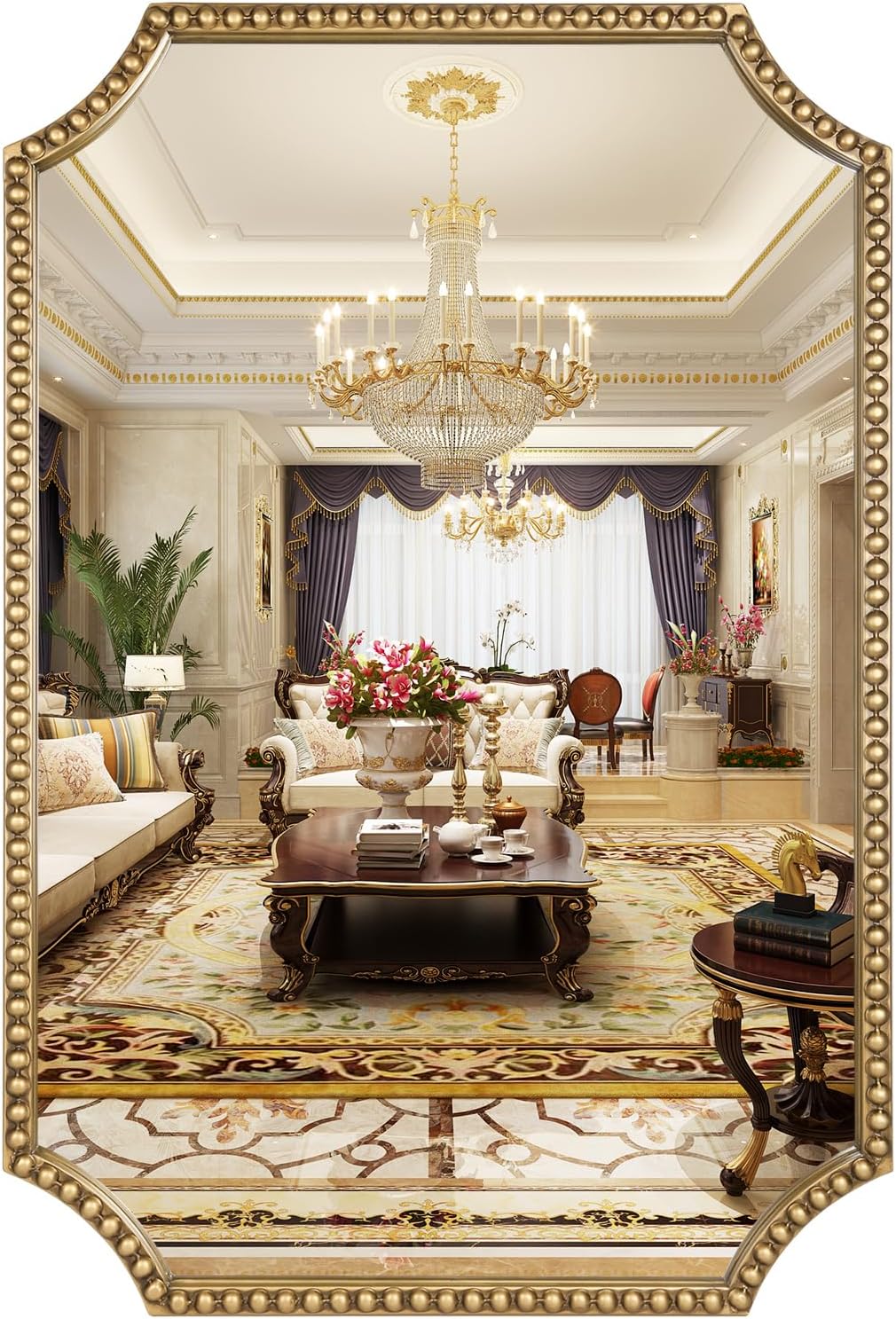 30"x40" Mirror for Wall, Full Scalloped Corners Rectangle Decorative Mirror, Metal Beaded Frame Accent Wall Decor for Bathroom, Entryway, Mantel, Antique Gold