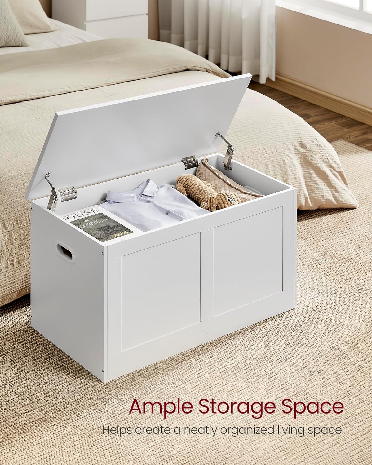VASAGLE Storage Chest, Storage Trunk with 2 Safety Hinges, Storage Bench, Shoe Bench, Farmhouse Style, 15.7 x 31.5 x 18.3 Inches, for Entryway, Bedroom, Living Room, Cloud White ULSB064W01