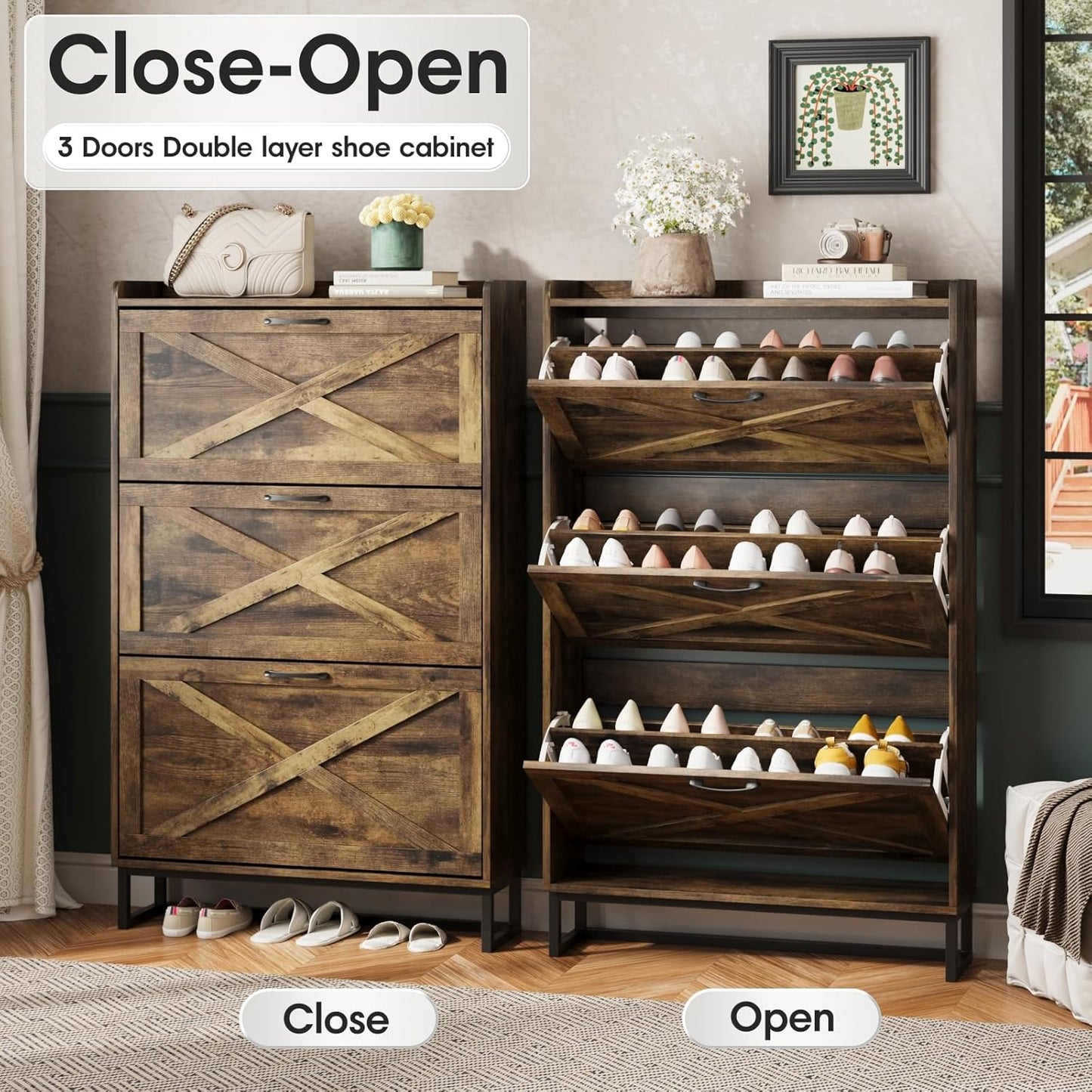 Maupvit Shoe Storage Cabinet with 3 Flip Drawers, Freestanding Organizer with Metal Legs for Entryway, Narrow Shoe Rack Cabinet, Rustic Brown