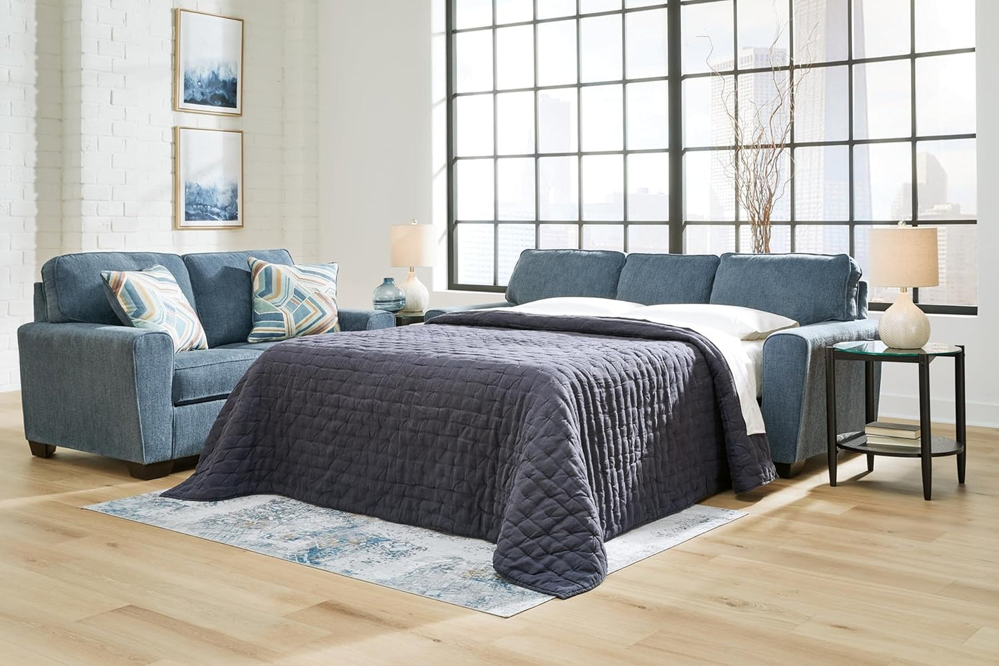 Signature Design by Ashley Cashton Casual 2-in-1 Sofa Sleeper with Folding Gel Memory Foam Mattress, Queen, Blue