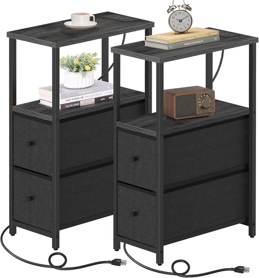 TUTOTAK Small Narrow End Table with Charging Station, Set of 2, Side Table with Outlets, Nightstand with 2 Cloth Drawers, Couch Table, for Living Room, Bedroom, Bedside, Charcoal Grey TB01BY055