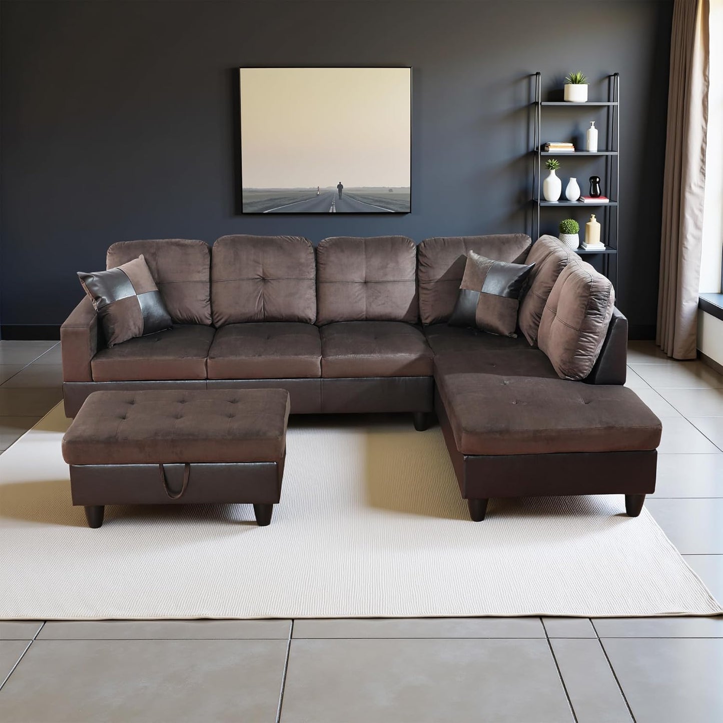 Couches for Living Room Comfy Flannel Fabric 3 Pieces Sectional Sofa with Chaise, Ottoman with Storage for Office and Small Apartment, Dark Brown