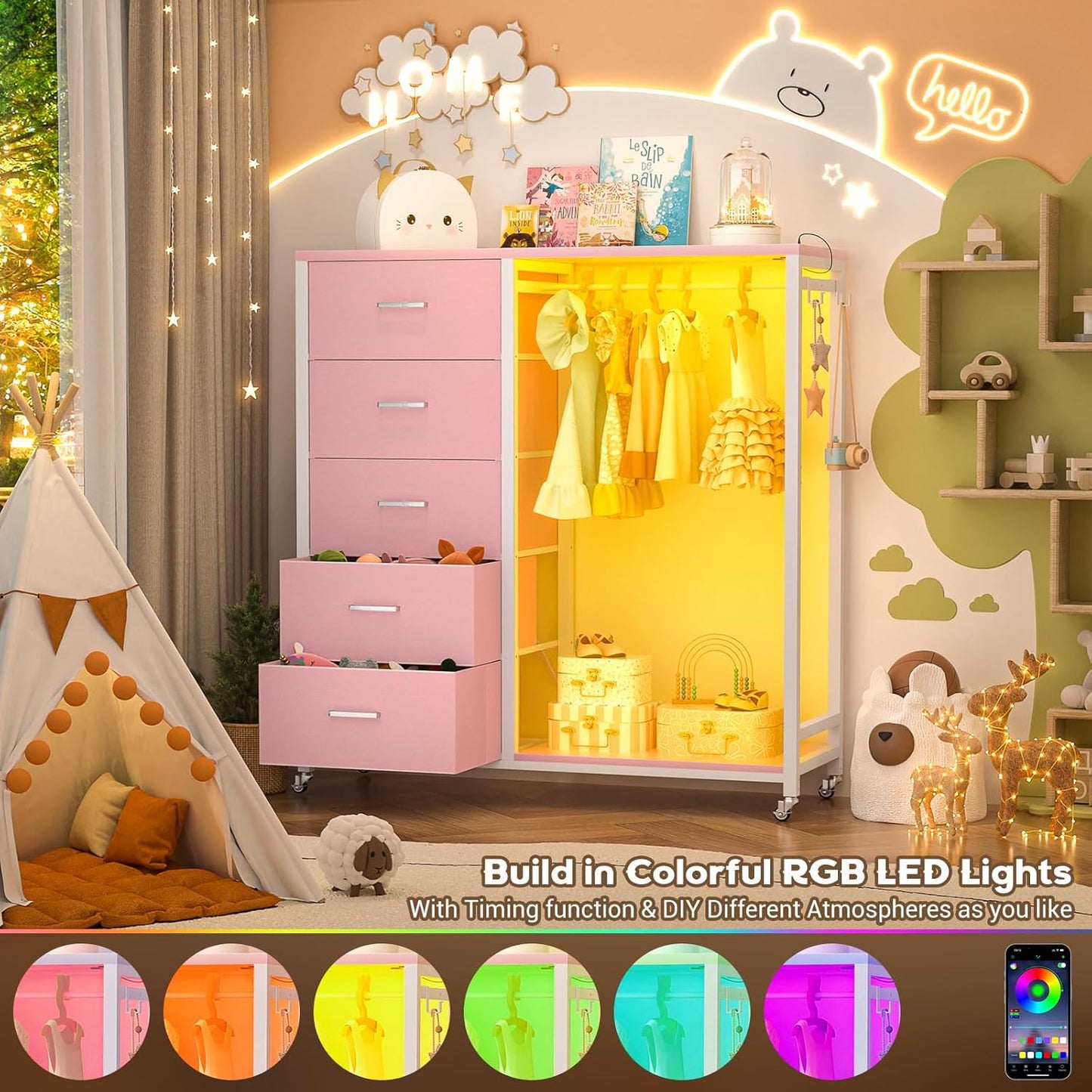 Cyclysio Dresser for Bedroom with Clothes Rack, 5 Fabric Drawers Dresser with Charging Station & LED Lights, Pink Storage Chest of Drawers with Wheels, Wooden Top, Lockable Wheels, Closet, Pink