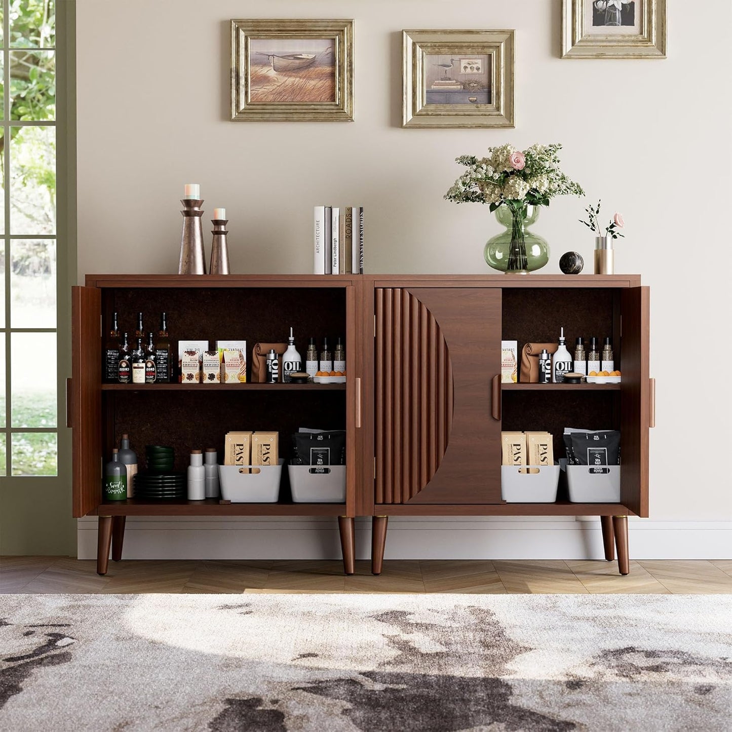 COSIEST Set of 3 30" Storage Sideboards with Doors, Accent Cabinets with Magnetic Push-to-Open Doors, Brown Line Pattern, Entryway Console for Living Room, Kitchen, Hallway