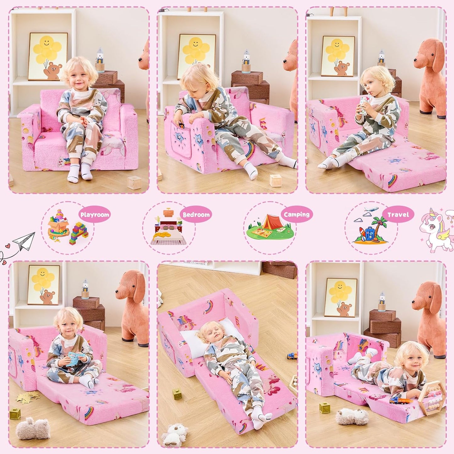 Toddler Couch,Toddler Chair,Kids Chair 2-in-1 Baby Seat Furniture Fold Out, Convertible Sofa to Lounger Comfy Glow in The Dark Sofa Bed,Gifts for Kids Girl Boys,Unicorns Rainbow,Medium