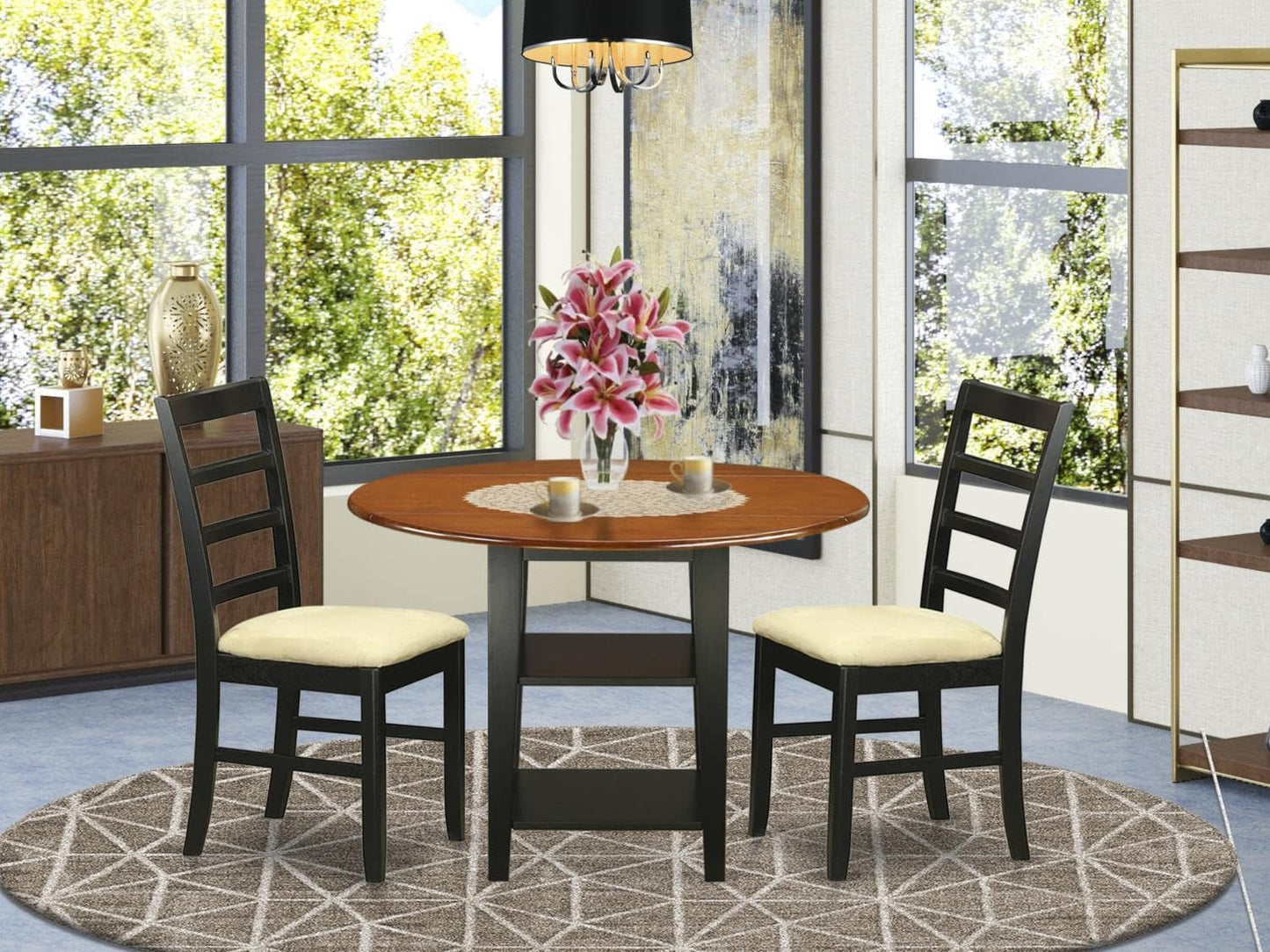East West Furniture SUPF3-BCH-C 3 Piece Dining Room Table Set Contains a Round Kitchen Table with Dropleaf & Shelves and 2 Linen Fabric Upholstered Chairs, 42x42 Inch, Black & Cherry