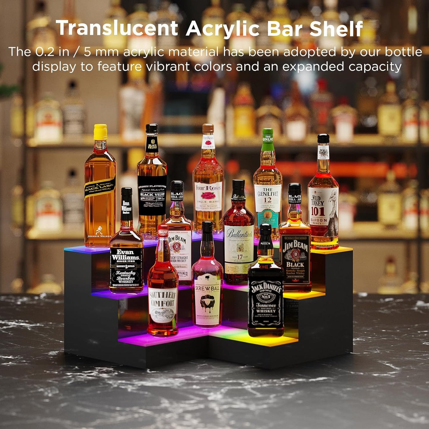 Dethan 3 Tier 20 Inch LED Lighted Liquor Bottle Display Shelf - Corner Wine Racks with Multi-Color App & Remote Control, Adjustable Brightness & Sound Modes, Acrylic Bar Shelves for Commercial Clubs