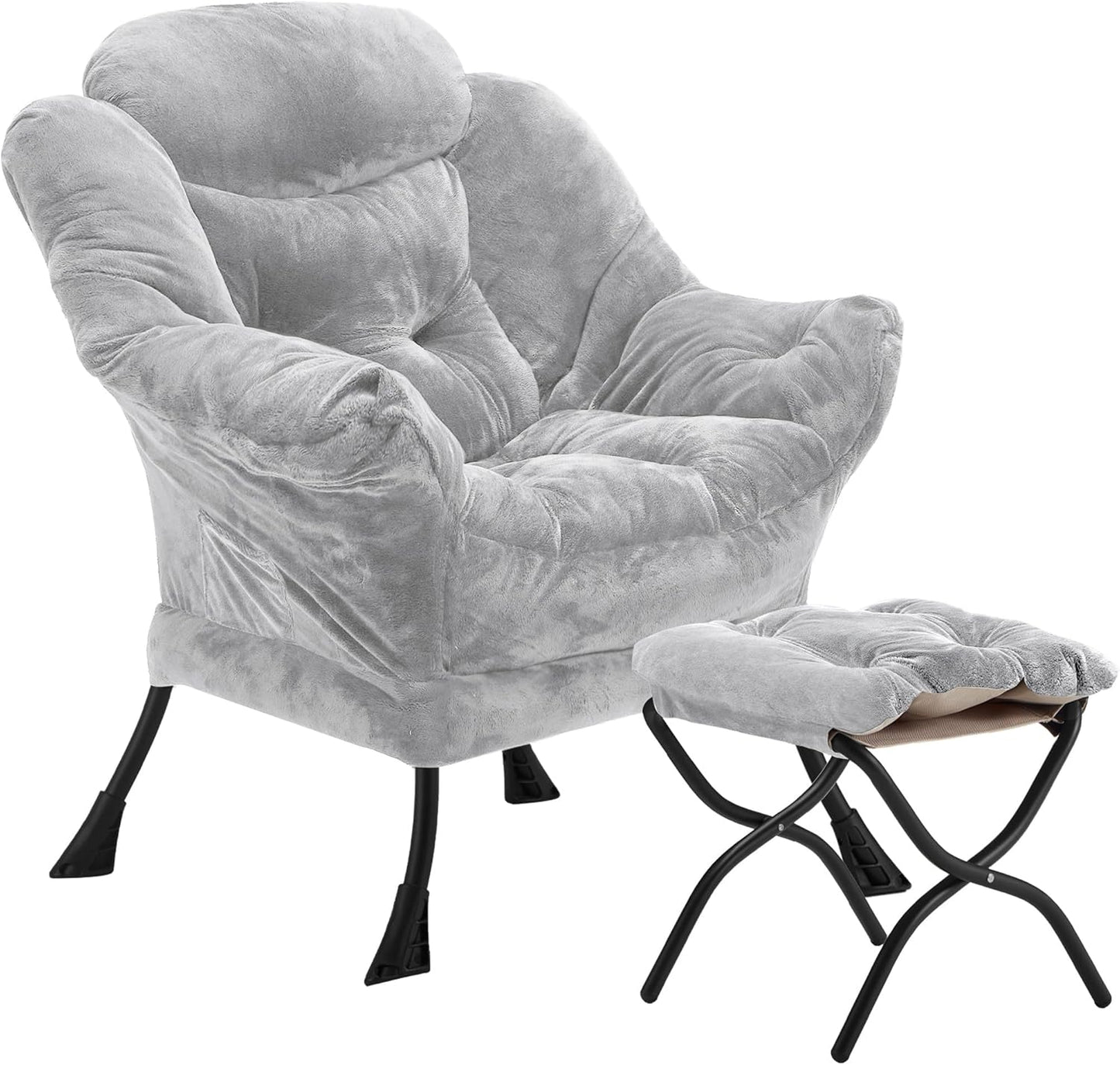 Fabric Lazy Chair with Ottoman, Oversized Upholstered Sofa Chair for Adults, Plush Comfy Lounge Chair with Large Side Storage Pocket, Reading Chair for Living Room, Bedroom, Dorm, Light Gray