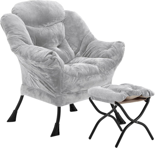 Fabric Lazy Chair with Ottoman, Oversized Upholstered Sofa Chair for Adults, Plush Comfy Lounge Chair with Large Side Storage Pocket, Reading Chair for Living Room, Bedroom, Dorm, Light Gray