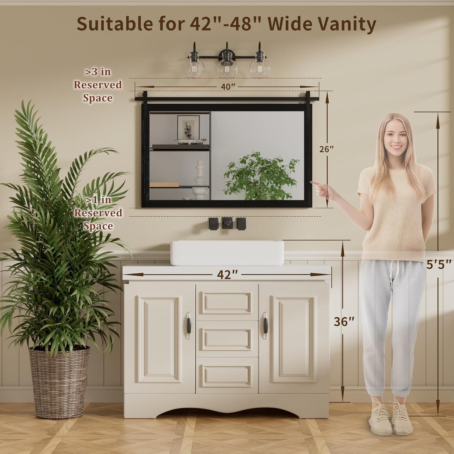 Black Farmhouse Mirror for Wall, 40x26INCH Large Wood Framed Square Bathroom Mirrors for Vanity, Barn Door Style Mirrors Wall Mounted Dresser Decor Mirror Living Room Bedroom Horizontal