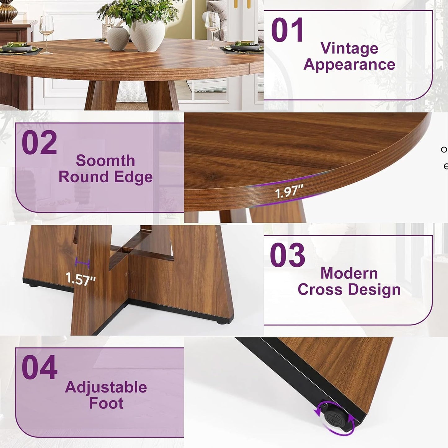 Round Dining Table for 4, 47" Wooden Kitchen Dinner Table Rustic, Farmhouse Table for Dining Room, Living Room, Brown