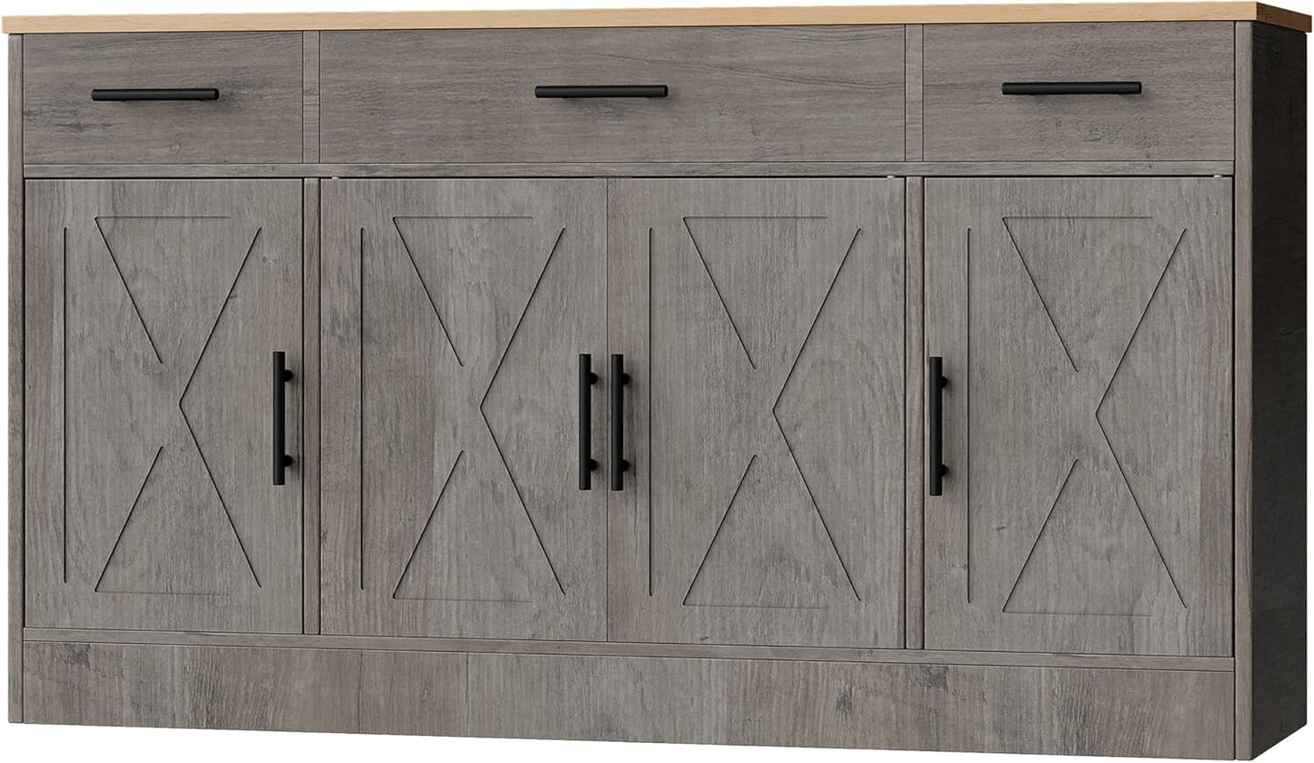 Shintenchi Buffet Cabinet with Storage,53.4" Large Kitchen Storage Cabinet with 3 Drawers and 4 Doors,Wood Farmhouse Buffet Sideboard with Adjustable Shelf for Kitchen Living Room,Ash Grey
