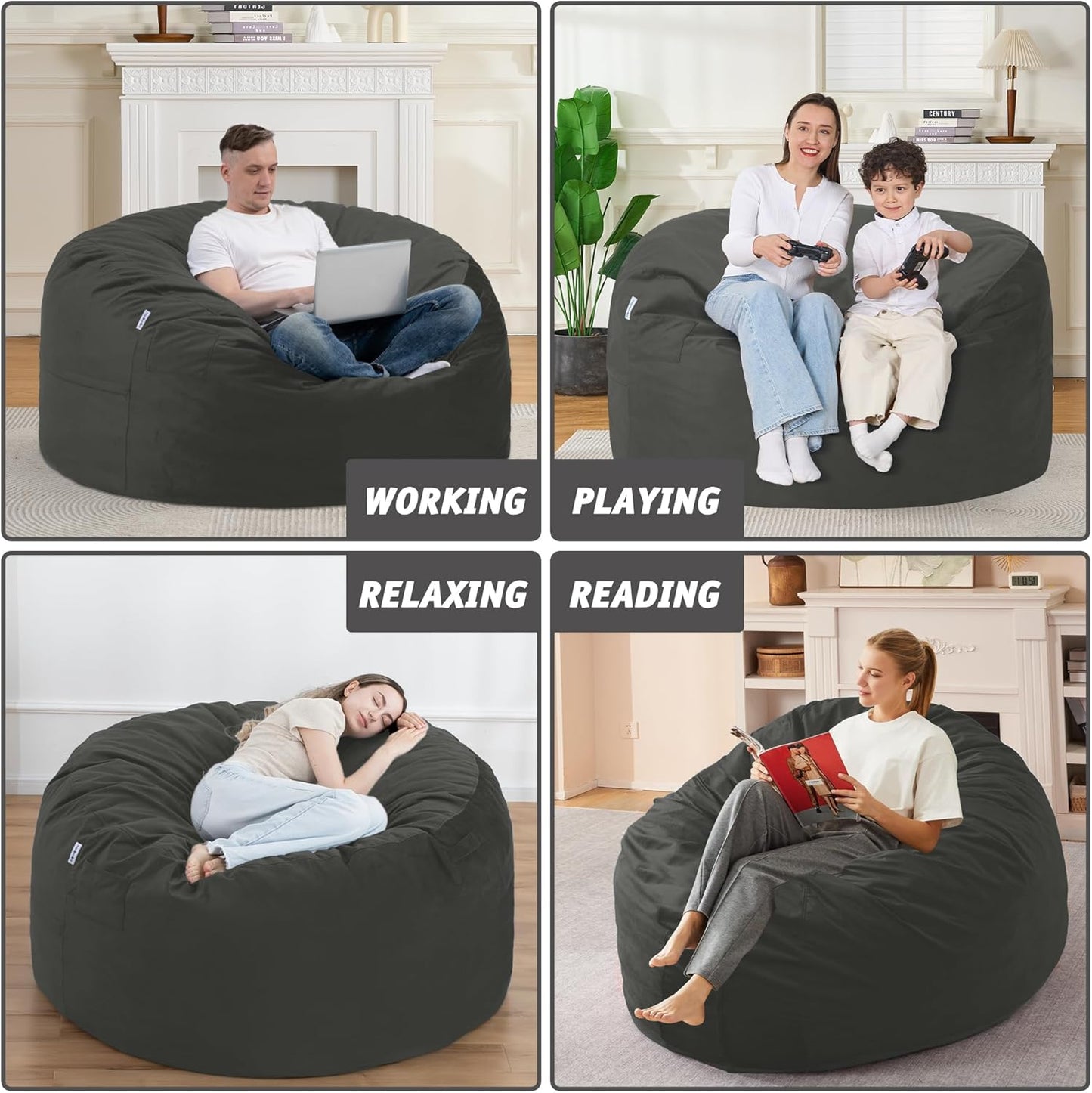 4FT Bean Bag Chair with Ultra Soft Velvet Cover Bean Bag Sofa with Memory Foam Bean Bag Chairs with Large Size Lazy Sofa for Dorm Office Living Room Bedroom Grey 4'
