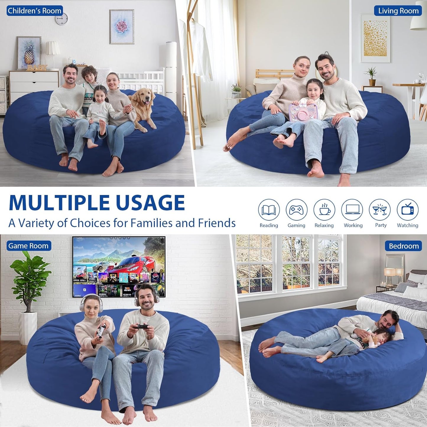 7FT Bean Bag Chair, Large Bean Bag Chairs with Memory Foam Filled, Fluffy Beanbag Sofa with Dutch Velvet Cover, Round BeanBag Chairs for Living Room, Playroom - Blue