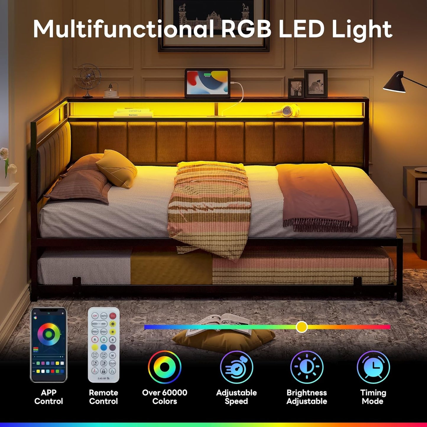 LIKIMIO Corner Twin Bed Frame with Trundle, Upholstered Storage Headboard & LED Lights, Twin Size Daybed with Charging Station, Sturdy Platform Metal Frame for Living Room, Bedroom, Guest Room, Gray