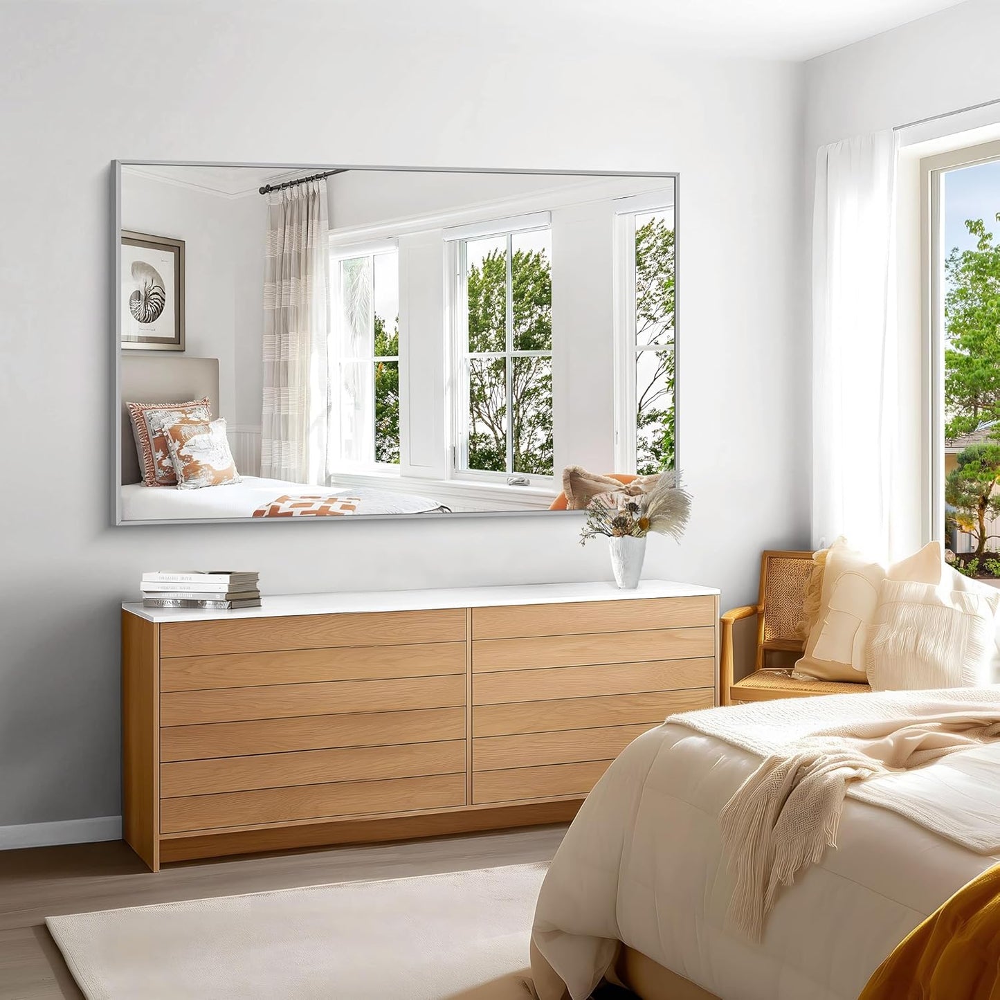 KOCUUY Large Silver Bathroom Mirror, 60x36 inch Rectangular Mirror for Bathroom Sink, Oversized Mirror with Metal Brushed Nickel Frame for Living Room, Farmhouse, Entryway, Hang Horizontal/Vertical