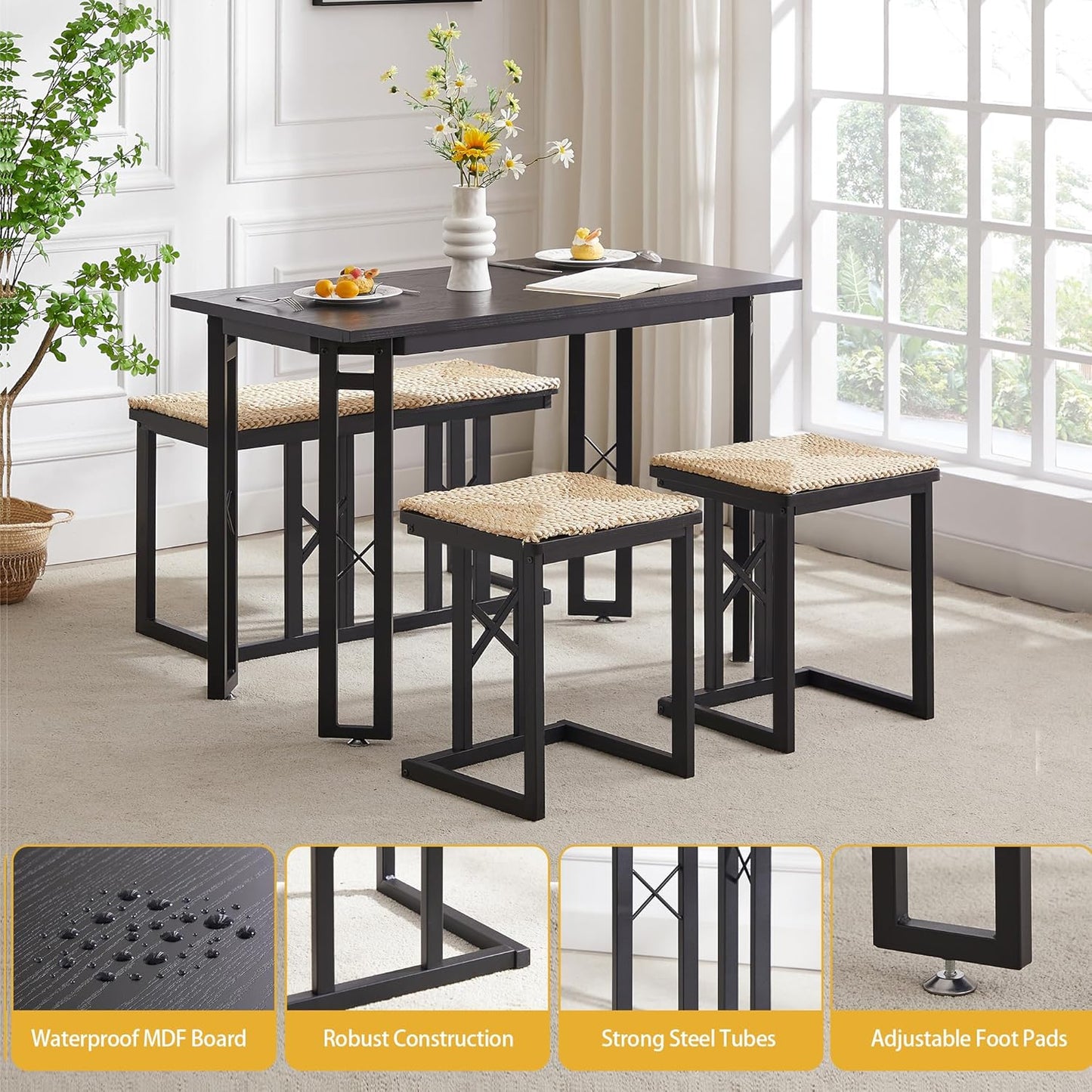 VECELO 43.3" Dining Table Sets, Farmhouse Small Kitchen Table for 4 with 2 Benches Wicker Mats,Metal Frame Space-Saving Adjustable Feets Coffee Table for Home Kitchen Dining, Pitch Black