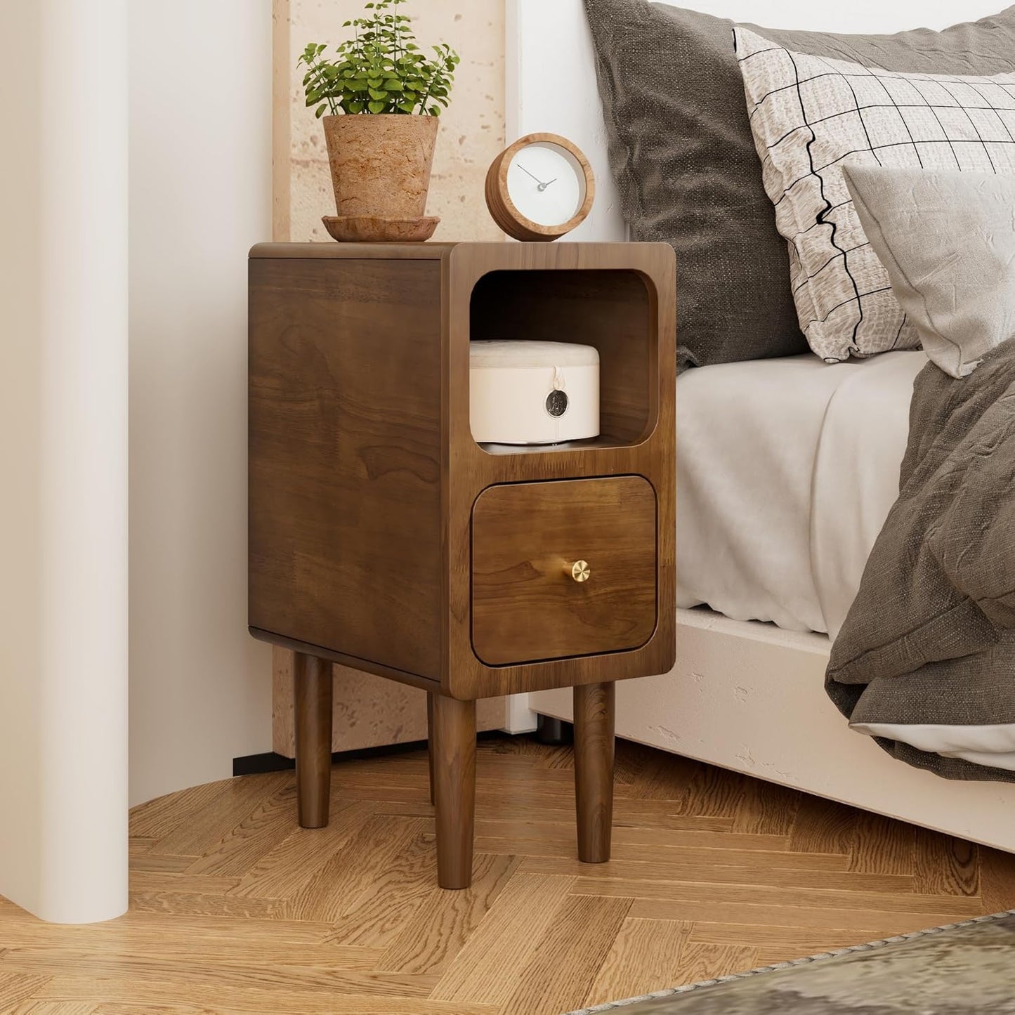 Narrow Nightstand, Solid Wood Night Stand with Drawers, Walnut Mid Century Modern Nightstand, Small Beside Table with Open Storage Shelf for Bedroom (10 inch)