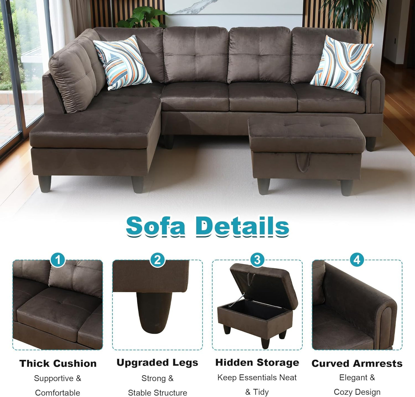 97" Oversized Sectional Couch, L Shaped Couch with Storage Ottoman, Modern Modular Sofa with Deep Seat, Sectional Couches for Living Room and Office, Dark Brown (Flannel)