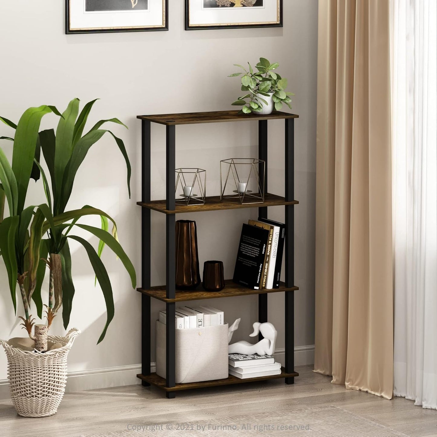 Furinno Turn-S-Tube 4-Tier Compact Multipurpose Shelf Display Rack with Square Tube, Amber Pine/Black